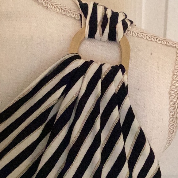 Cache Vintage Navy, White & Gold Striped One-Shoulder Top w/ Gold Buckle - Picture 5 of 11